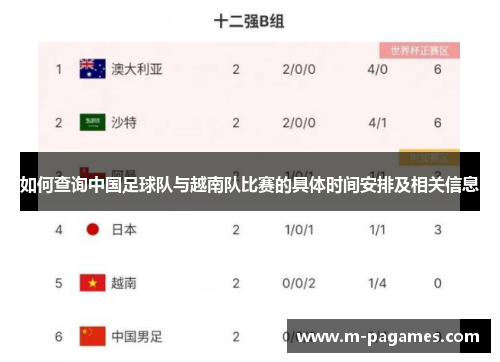 如何查询中国足球队与越南队比赛的具体时间安排及相关信息