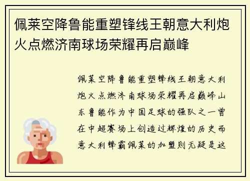 佩莱空降鲁能重塑锋线王朝意大利炮火点燃济南球场荣耀再启巅峰