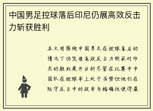 中国男足控球落后印尼仍展高效反击力斩获胜利 中国男足控球落后印尼仍展高效反击力斩获胜利